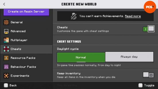 The cheat menu in Minecraft Bedrock edition new world creation.