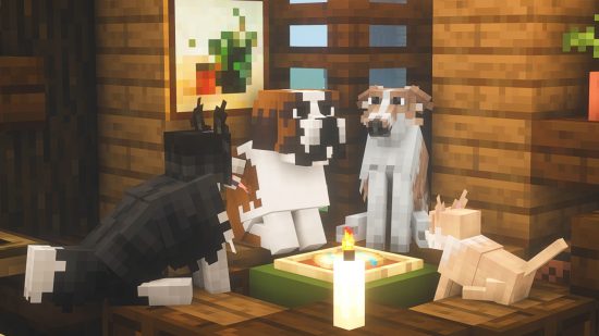 Four different dogs sit around a table in one of the best Minecraft texture packs, Better Dogs.