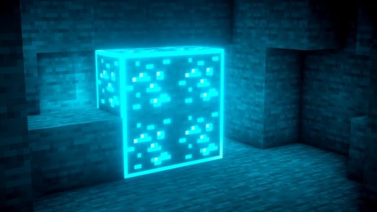 Four blocks of diamond ore glow brilliantly thanks to the Minecraft Visible Ores texture pack.