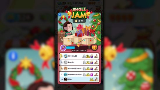 Monopoly Go Jingle Jam rewards: a leaderboard showing players placements in a game.