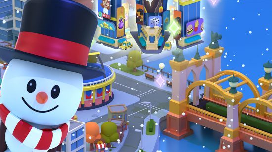 A Monopoly Go image depicting a smiling snowman overlooking a city.