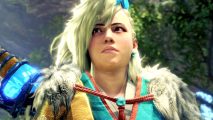 Monster Hunter World Return to World: a women with blonde hair looks up and to the left