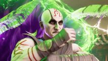 Mortal Kombat 1 story DLC: a man with chalk white skin and red markings all of him using a green magic portal