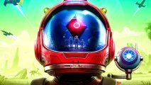 No Man's Sky - A person in a red space helmet with the No Man's Sky logo reflecting off the visor.