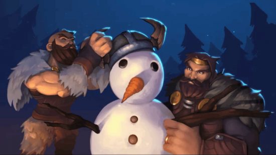 Northgard winter update - Two vikings place a horned helmet atop the head of a snowman.