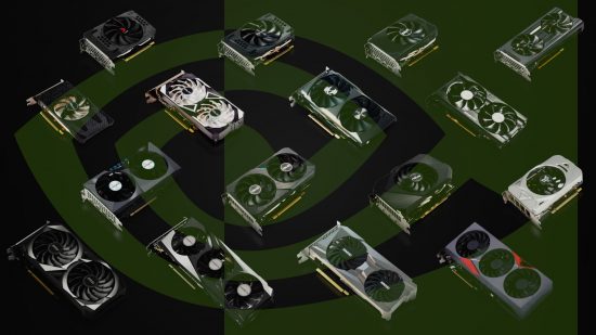 A group of GeForce RTX 3050 graphics cards, with a faint Nvidia logo