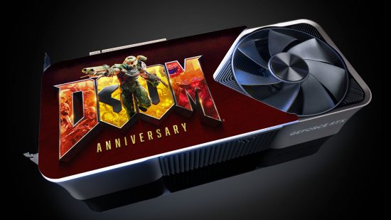 A GeForce RTX 4090 with a custom backplate featuring Doom 30th anniversary artwork
