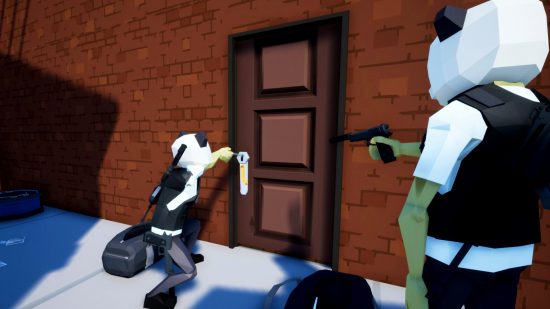One-Armed Robber - Two people wearing panda masks stand by a door. One kneels to lockpick it, as the other stands guard with a pistol.
