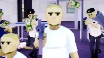 One-Armed Robber is a free Steam game that takes on Payday 3 and GTA 5 with a unique twist - Two men in white shirts walk away from several security guards, money flying into the air around them.