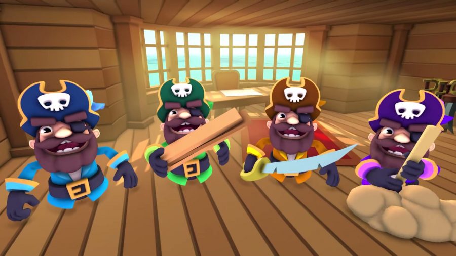 Four bearded cartoon pirates standing side by side inside a ship.