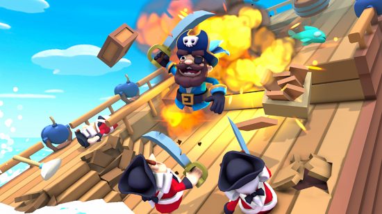 A cartoon pirate leaping off an exploding ship deck, slashing his sword at two soldiers.