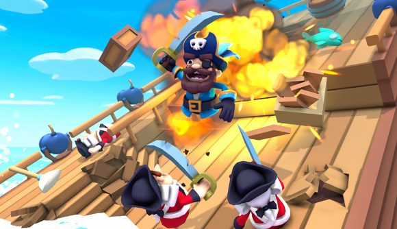 A cartoon pirate leaping off an exploding ship deck, slashing his sword at two soldiers.