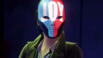 Payday 3 Chapter 1 Syntax Error DLC heist - A person wearing an LED mask that reads ' JOY' and a heavy green coat.