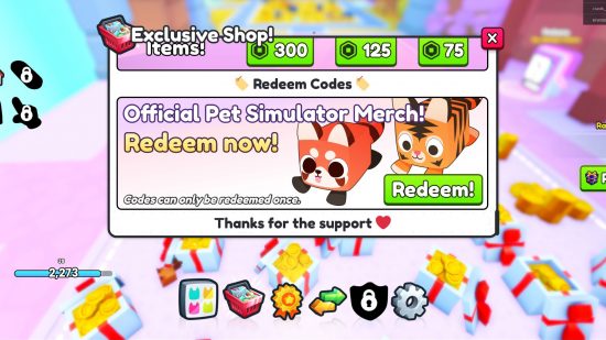 The Pet Simulator 99 game showing how to redeem codes.