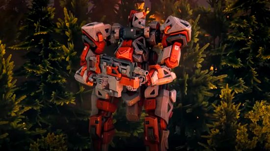Phantom Brigade update 1.2 adds the combat variety it needs - A red and grey mech stomps through a forest.