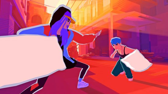 Pillow Champ preview: Akiko Tanaka faces off agaiinst a blue-haired fighter in a liminal space bathed in striking orange and purple hues.