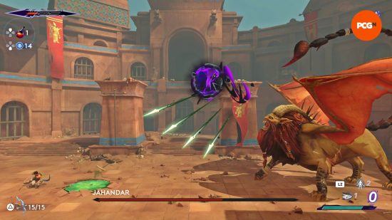 Prince of Persia The Lost Crown preview: Sargon dodges around a poison pool as Jahandar the manticore boss unleashes poison darts and a purple orb.