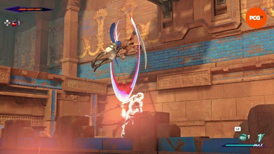 Prince of Persia The Lost Crown preview: Sargon twirls up above an enemy's head and strikes out with his sword in an extended parry sequence.