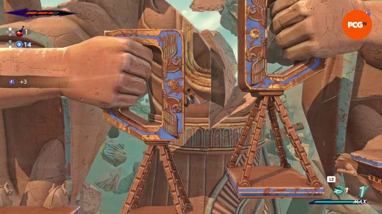 Prince of Persia The Lost Crown preview: Sargon parkours his way up an enormous ornate statue in Mount Qaf.