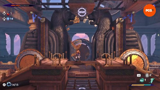 Prince of Persia The Lost Crown preview: Sargon surveys an environmental puzzle comprised of poles, cogs, and other elements that can be manipulated during traversal.