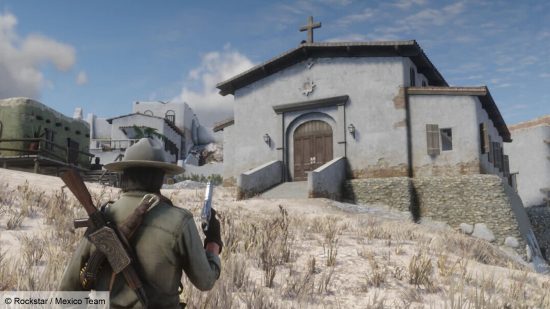 A cowboy looking up at a Mexican church in Red Dead Redemption 2's Mexico mod. 