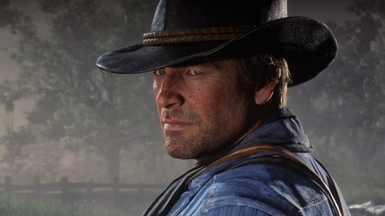 A cowboy in a blue shirt and brown hat, Arthur Morgan from the game Red Dead Redemption 2, looking left.