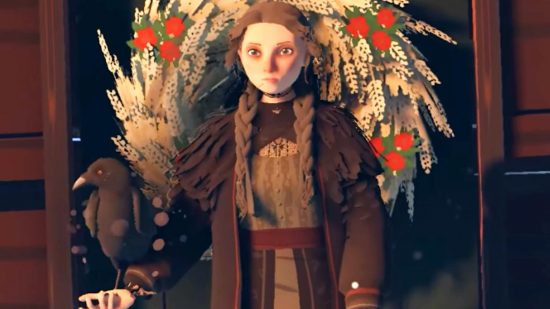 Reka is a gorgeous blend of Valheim and The Witcher - A young girl holds a bird on the palm of her hand, standing in front of a large flower wreath.