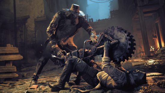 Remnant 2 Survivor Mode: two men fighting, with one on the ground and the other holding a giant circular saw weapon