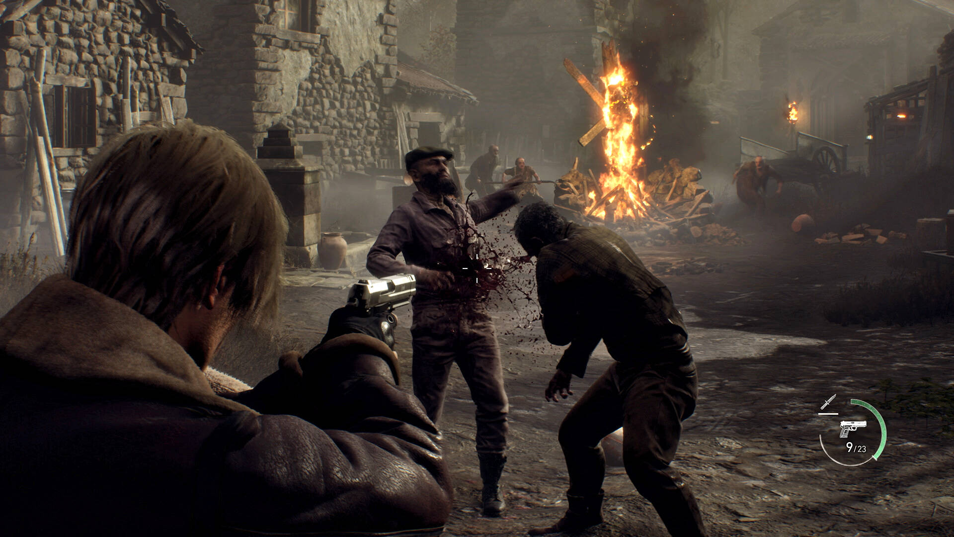 PC games of the year 2023: Resident Evil 4's iconic village battle scene, with Leon firing his pistol at incoming enemies.
