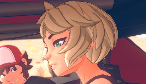 Resistor Day of the Devs: a young woman sat in a car as we look in through the door window, with short blonde hair and a black tank top