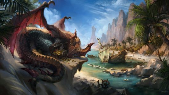 A view of a bay, with a dragon-like creature laying on the beach. 