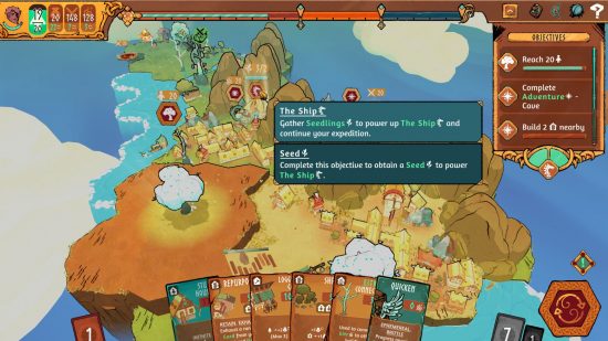 Roots of Yggdrasil Steam: an in-game screen showing cards at the bottom, and an overview of an island in the middle
