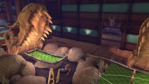 A player shoots a golf ball into a dinosaur skull in Golf With Your Friends