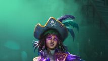 A female pirate, with feathers in her hat and purple eye-shadow.
