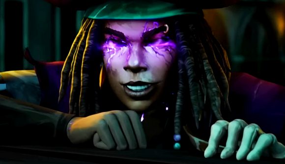 2023 strategy game Shadow Gambit adds mod tools - Afia, a pirate with dreadlocks and glowing purple eyes, grins widely.