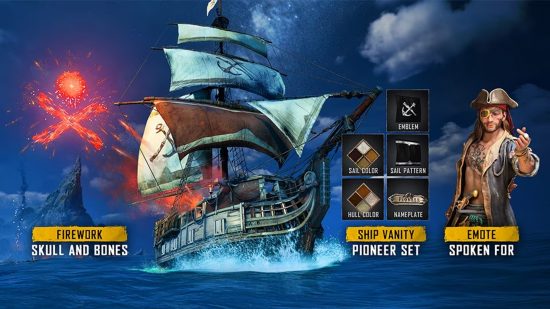 All of the rewards for participating in the Skull and Bones beta, including a huge ship cosmetic pack, a firework, and a pirate emoting