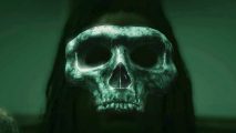 The Skull and Bones beta is finally coming, but there's a catch: A person in a black hood with a skeletal mask missing the jaw illuminated by a green background