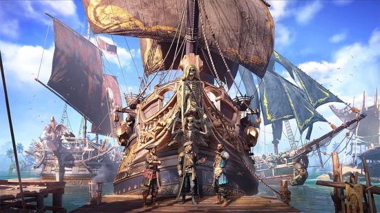 Three characters stand in front of a huge pirate ship with a skeleton on the front and huge tattered sails