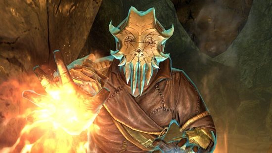 Skyrim mod creations AI: a man in a robe and cultist mask using fire magic in his right hand