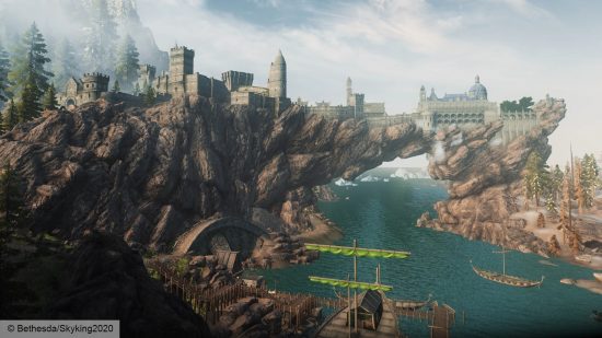 Skyrim mod texture overhaul: a fantasy city on a cliff