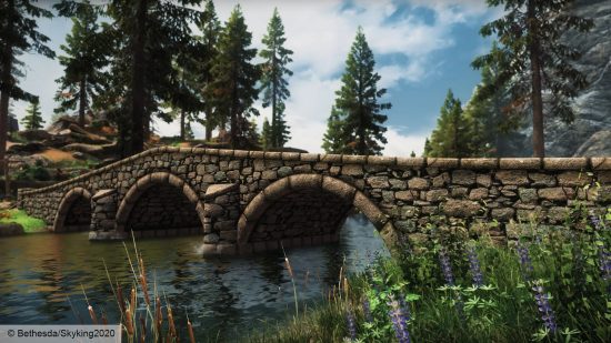 Skyrim mod texture overhaul: an image of a bridge over a small river in a forest