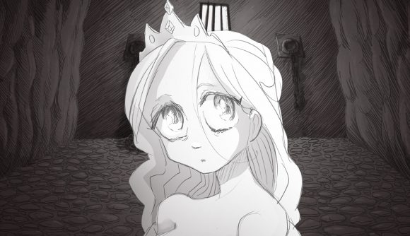 A pencil-drawn, large-eyed princess in front of a cellar wall.