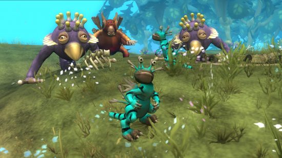 Several creatures in Spore looking towards the camera.