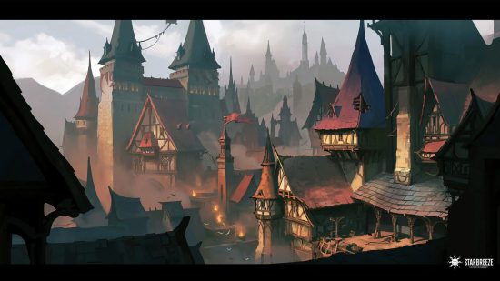Concept art for Project Baxter, the rooftops of a medieval-style town. 