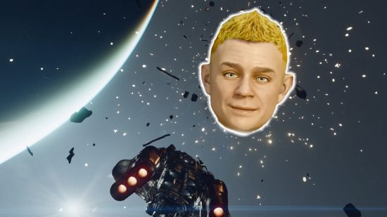 Starfield adoring fan asteroid: a spaceshit flying near a planet, with a floating and glowing head in front of it