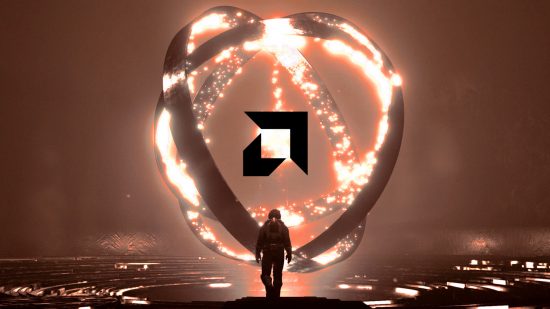 A screenshot from Starfield, in which an astronaut is walking towards a spherical objecting that's glowing brightly, with the AMD logo at its center
