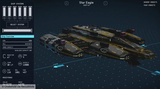Verbesserte Starfield-Schiffsmodule – Eine Version von „Star Eagle“, gebaut vom Mod-Ersteller „Chokehold“.