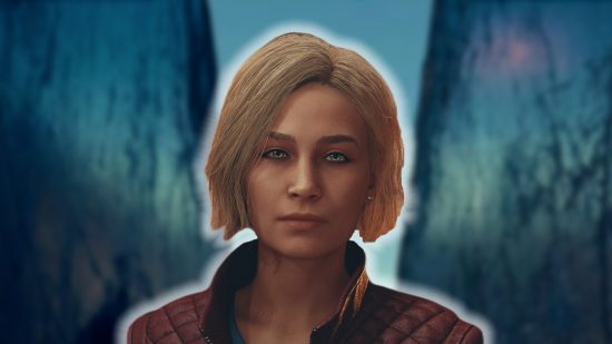 Starfield needs mods more than Skyrim: a blue planetary surface backgroudn with a yound women in a red jacket with shoulder length blonde hair in the foreground