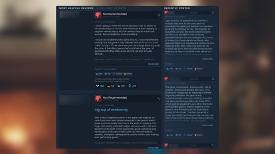 Negative reviews of Starfield on Steam.
