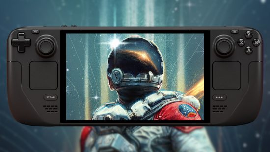 Key art from Starfield, featuring an astronaut, displayed on a Steam Deck OLED